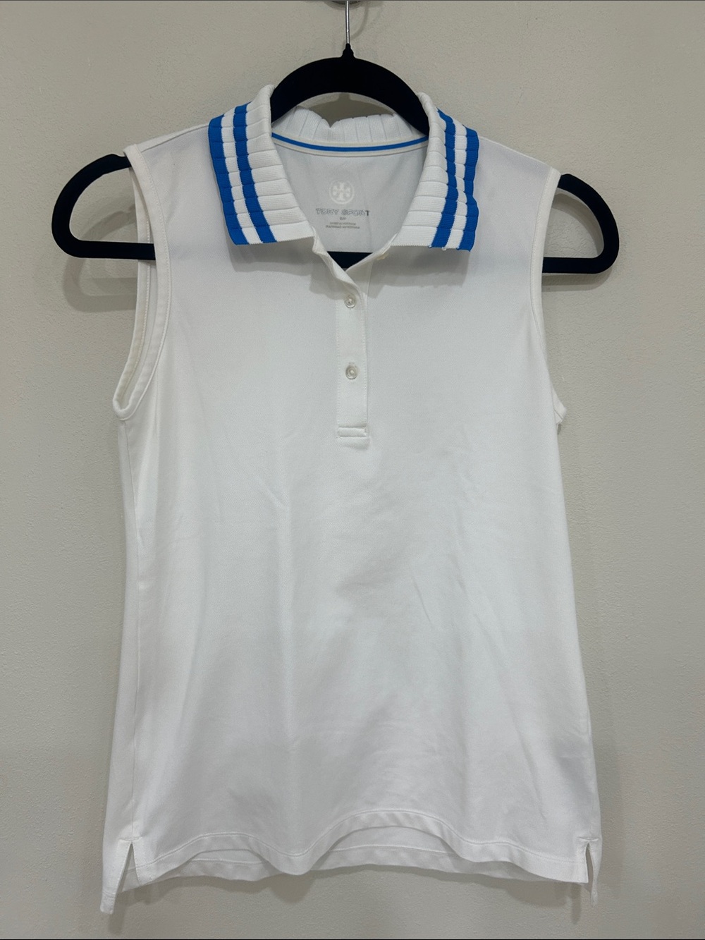 Tory Sport Sleeveless Polo Top with Blue-Striped Collar